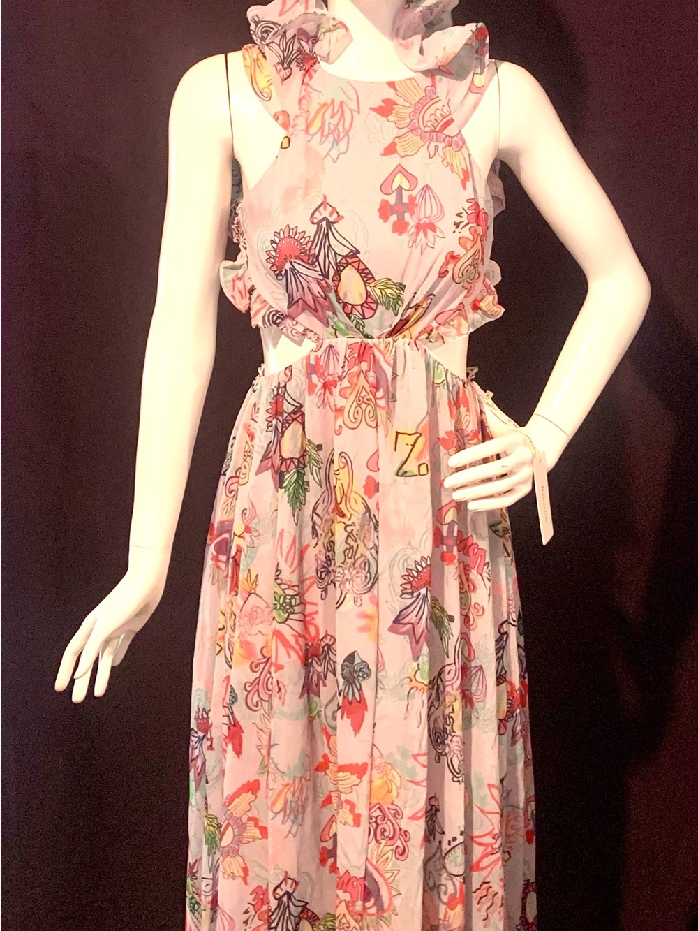 Ruffled Floral Cutout Maxi Dress - Pink Multicolor